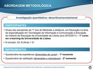 ANÁLISE DA SATISFAÇÃO DE ESTUDANTES NUM CURSO EM  E-LEARNING  NO ENSINO SUPERIOR  Investigação quantitativa: descritiva/correlacional INSTRUMENTOS Questionário de expetativas ( dimensões do curso ) –  1º momento Questionário de satisfação ( dimensões e indicadores ) -  2º momento Grupo dos estudantes do 1º ano do Mestrado a distância, em Educação na área de especialização em Tecnologias de Informação e Comunicação e Educação, do Instituto de Educação da Universidade de Lisboa (ano 2010/2011) –  1º curso em  e-learning  da Universidade de Lisboa N (inicial)= 33; N (final) = 31 PARTICIPANTES ABORDAGEM METODOLÓGICA 6 