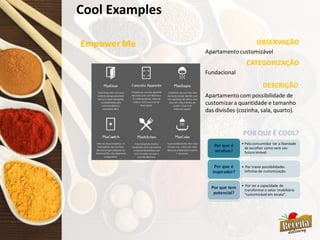 Cool Examples
Empower Me OBSERVAÇÃO
CATEGORIZAÇÃO
Apartamentocustomizável
Fundacional
DESCRIÇÃO
• Pelo consumidor ter a liberdade
de escolher como será seu
futuro imóvel.
Por que é
atrativo?
• Por trazer possibilidades
infinitas de customização.
Por que é
inspirador?
• Por ter a capacidade de
transformar o setor imobiliário
“customizável em escala”.
Por que tem
potencial?
POR QUE É COOL?
Apartamentocom possibilidade de
customizara quantidade e tamanho
das divisões (cozinha, sala, quarto).
 