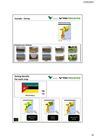 17/05/2013
10
Example - Zoning
Edaphoclimatic Zoning
Potential areas validation
Degraded areas
Suitable soils
Rural diagnoses
Infrastructure analysis
Use and coverage
Relief
Existing projects
Existing crops
Cultivation forms
Field evidence
Zoning Results
For each crop
Agroclimatic
Zoning
Edaphic
Zoning
Agricultural
Zoning
Mozambique
 