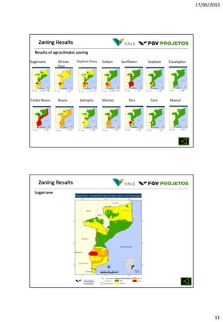 17/05/2013
11
Results of agroclimatic zoning
Castor Beans
Sugarcane Elephant GrassAfrican
Pam
Cotton Sunflower Soybean Eucalyptus
JatrophaBeans Manioc Rice Corn Peanut
Zoning Results
Sugarcane
Zoning Results
 