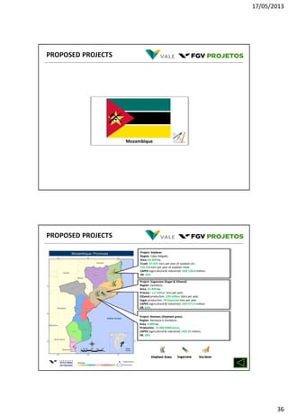 17/05/2013
36
PROPOSED PROJECTS
Mozambique
Sugarcane
PROPOSED PROJECTS
Elephant Grass
Project: Sugarcane (Sugar & Ethanol)
Region: Zambézia.
Area: 22.949 ha;
Process : 1,5 million tons per year;
Ethanol production: 130 million liters per year;
Sugar production: 74 thousand tons per year.
CAPEX (agricultural & industrial): USD 471,4 million;
IIR: 21%
Project: Soybean
Region: Cabo Delgado.
Area: 66.000 ha;
Crush: 37.620 tons per year of soybean oil; ;
156.420 tons per year of soybean meal..
CAPEX (agricultural & industrial): USD 120,0 million;
IIR: 28%
Soy bean
Project: Biomass (Elephant grass)
Region: Nampula e Zambézia.
Area: 2.000 ha;
Production: 72.000 MWh/year;
CAPEX (agricultural & industrial): USD 25 million;
IIR: 18%
 