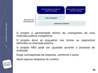 O projeto é apresentado dentro do cronograma de uma
chamada pública competitiva
O projeto deve se enquadrar nos temas ou segmentos
definidos na chamada pública
O projeto NÃO pode ser ajustado durante o processo de
avaliação
Exige contrapartida da empresa, conforme o porte
Apoia apenas despesas de custeio



                                                   30
 