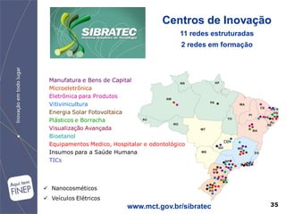 Centros de Inovação
                                              11 redes estruturadas
                                              2 redes em formação



  Manufatura e Bens de Capital
  Microeletrônica
  Eletrônica para Produtos
  Vitivinicultura
  Energia Solar Fotovoltaica
  Plásticos e Borracha
  Visualização Avançada
  Bioetanol
                                                          DF
  Equipamentos Medico, Hospitalar e odontológico
  Insumos para a Saúde Humana
  TICs




 Nanocosméticos
 Veículos Elétricos
                            www.mct.gov.br/sibratec                   35
 