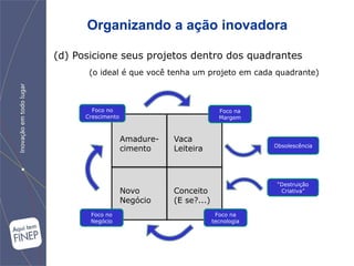 Organizando a ação inovadora

(d) Posicione seus projetos dentro dos quadrantes
       (o ideal é que você tenha um projeto em cada quadrante)



        Foco no                               Foco na
      Crescimento                             Margem



                    Amadure-   Vaca
                                                         Obsolescência
                    cimento    Leiteira



                                                          “Destruição
                    Novo       Conceito                    Criativa”
                    Negócio    (E se?...)
       Foco no                               Foco na
       Negócio                              tecnologia
 