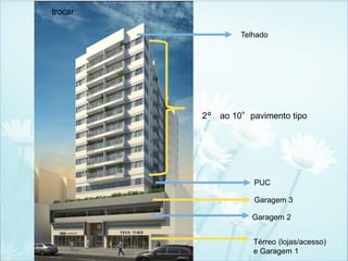 Térreo (lojas/acesso)
e Garagem 1
Garagem 2
PUC
Garagem 3
2°ao 10°pavimento tipo
Telhado
trocar