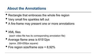 About the Annotations
• Rectangle that embraces the whole fire region
• Very small fire sparkles left out
• A fire-frame may present one or more annotations
• XML files
(each video file has its corresponding annotation file)
• Average flame area is 61512px
(aprox. 250×250px square)
• Fire region size/frame size = 8,92%
 