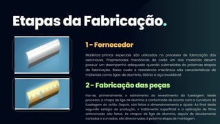 Matérias-primas especiais são utilizadas no processo de fabricação das
aeronaves. Propriedades mecânicas de cada um dos materiais devem
possuir um deempenho adequado quando submetidas às próximas etapas
de fabricação. Baixo custo e resistência mecânica são características de
materiais como ligas de alumínio, titânio e aço inoxidável.
Faz-se, primeiramente, o estiramento do revestimento da fuselagem. Neste
processo, a chapa de liga de alumínio é conformada de acordo com a curvatura da
fuselagem do avião. Depois, são feitos o dimensionamento e ajuste. Ao final deste
segundo estágio de produção, o tratamento superficial e a aplicação de filme
anticorrosão são feitos. As chapas de liga de alumínio, depois de devidamente
cortadas e curvadas, são direcionadas à próxima etapa de montagem.
EtapasdaFabricação.
1-Fornecedor
2-Fabricaçãodaspeças
 