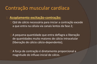 Contração muscular cardíaca
Acoplamento excitação-contração:
Qtd de cálcio necessária para iniciar a contração excede
a que entra na célula via canais lentos da fase 2;
A pequena quantidade que entra deflagra a liberação
de quantidades muito maiores de cálcio intracelular
(liberação de cálcio cálcio-dependente);
A força de contração é diretamente proporcional a
magnitude do influxo inicial de cálcio.
 