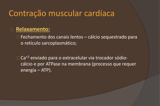 Contração muscular cardíaca
Relaxamento:
Fechamento dos canais lentos – cálcio sequestrado para
o retículo sarcoplasmático;
Ca+2 enviado para o extracelular via trocador sódio-
cálcio e por ATPase na membrana (processo que requer
energia – ATP).
 