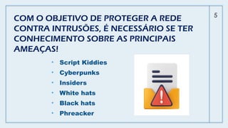 COM O OBJETIVO DE PROTEGER A REDE
CONTRA INTRUSÕES, É NECESSÁRIO SE TER
CONHECIMENTO SOBRE AS PRINCIPAIS
AMEAÇAS!
• Script Kiddies
• Cyberpunks
• Insiders
• White hats
• Black hats
• Phreacker
5
 