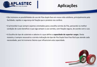 Aplicações
• São inúmeras as possibilidades do uso de Fitas dupla face em nossa vida cotidiana, principalmente pela
facilidade, rapidez e segurança de fixação que o produto nos confere.
• O primordial é que sempre sejamos orientados para a escolha correta da Fita, pensando na melhor
condição de custo benefício e que siga sempre o uso correto, com fixação segura, de acordo com o uso.
• A Escolha do tipo de substrato e adesivo é o que define a capacidade de suportar cargas. Desta
maneira, é sempre necessária a correta indicação do tipo de Fita Dupla Face Fixa-Fácil que atende cada
necessidade, pois há inúmeros fatores que influenciam esta capacidade.
 