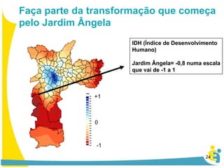 Faça parte da transformação que começa pelo Jardim Ângela IDH (Índice de Desenvolvimento Humano) Jardim Ângela= -0,8 numa escala que vai de -1 a 1 +1 0 -1 