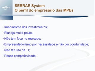 SEBRAE System  O perfil do empresário das MPEs Imediatismo dos investimentos; Planeja muito pouco; Não tem foco no mercado; Empreendedorismo por necessidade e não por oportunidade; Não faz uso da TI; Pouca competitividade.  