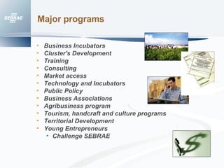 Major programs Business Incubators Cluster's Development Training Consulting Market access Technology and Incubators Public Policy Business Associations Agribusiness program Tourism, handcraft and culture programs Territorial Development Young Entrepreneurs Challenge SEBRAE 