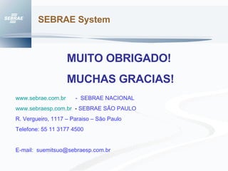 SEBRAE System www.sebrae.com.br   -  SEBRAE NACIONAL www.sebraesp.com.br   -  SEBRAE SÃO PAULO R. Vergueiro, 1117 – Paraiso – São Paulo Telefone: 55 11 3177 4500 E-mail:  [email_address] MUITO OBRIGADO! MUCHAS GRACIAS! 