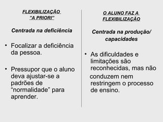 FLEXIBILIZAÇÃO
”A PRIORI”
Centrada na deficiência
• Focalizar a deficiência
da pessoa.
• Pressupor que o aluno
deva ajustar-se a
padrões de
“normalidade” para
aprender.
O ALUNO FAZ A
FLEXIBILIZAÇÃO
Centrada na produção/
capacidades
• As dificuldades e
limitações são
reconhecidas, mas não
conduzem nem
restringem o processo
de ensino.
 