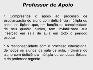 Professor de Apoio
• Compreende o apoio ao processo de
escolarização do aluno com deficiência múltipla ou
condutas típicas que, em função da complexidade
de seu quadro clínico, tem inviabilizada sua
inserção em sala de aula em todo o período
escolar.
• A responsabilidade com o processo educacional
de todos os alunos da sala de aula, inclusive do
aluno com deficiência múltipla ou condutas típicas,
é do professor regente.
 