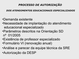 PROCESSO DE AUTORIZAÇÃO
DOS ATENDIMENTOS EDUCACIONAIS ESPECIALIZADOS
•Demanda existente
•Necessidade de implantação do atendimento
educacional especializado
•Parâmetros descritos na Orientação SD
nº 01/2005
•Existência de professor especializado
•Formulário VI (renovação anual)
•Análise e parecer da equipe técnica da SRE
•Autorização da DESP
 