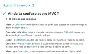 #zend_framework_2
✓ Ainda ta confuso sobre MVC ?
➔ O Diálogo das Camadas:
View: Oi Controller ! O usuário acabou de pedir para acessar o Facebook! Pega os
dados de login dele aí.
Controller - Ok View, daqui a pouco te mando a resposta. Ei Model, pega esses
dados de login e verifica se o usuário se loga.
Model - Controller os dados são válidos, estou te enviando a resposta do login.
Controller - Valeu Model. Ei View, o usuário informou os dados corretos. Vou
mandar para você os dados dele e você carrega a página de perfil.
View: Legal Controller, já estou apresentando para o usuário a página dele!
 