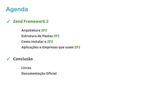✓ Zend Framework 2
○ Arquitetura ZF2
○ Estrutura de Pastas ZF2
○ Como instalar o ZF2
○ Aplicações e Empresas que usam ZF2
✓ Conclusão
○ Livros
○ Documentação Oficial
Agenda
 