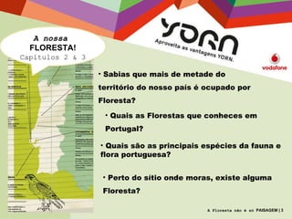 A nossa  FLORESTA! Capítulos 2 & 3 A Floresta não é só  PAISAGEM | 3 Sabias que mais de metade do território do nosso país é ocupado por Floresta? Quais as Florestas que conheces em Portugal? Quais são as principais espécies da fauna e flora portuguesa? Perto do sítio onde moras, existe alguma Floresta? 