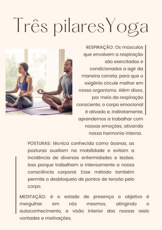 Três pilaresYoga
RESPIRAÇÃO: Os músculos
que envolvem a respiração
são exercitados e
condicionados a agir da
maneira correta, para que o
oxigênio circule melhor em
nosso organismo. Além disso,
por meio da respiração
consciente, o corpo emocional
é ativado e, indiretamente,
aprendemos a trabalhar com
nossas emoções, ativando
nossa harmonia interna.
POSTURAS: técnica conhecida como ásanas, as
posturas auxiliam na mobilidade e evitam a
incidência de diversas enfermidades e lesões.
Isso porque trabalham a intensamente a nossa
consciência corporal. Esse método também
permite o desbloqueio de pontos de tensão pelo
corpo.
MEDITAÇÃO: é o estado de presença o objetivo é
mergulhar em nós mesmos, atingindo o
autoconhecimento, e visão interior das nossas reais
vontades e motivações.
 