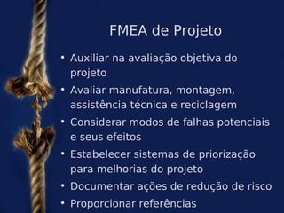 FMEA de Projeto
• Auxiliar na avaliação objetiva do
  projeto
• Avaliar manufatura, montagem,
  assistência técnica e reciclagem
• Considerar modos de falhas potenciais
  e seus efeitos
• Estabelecer sistemas de priorização
  para melhorias do projeto
• Documentar ações de redução de risco
• Proporcionar referências
 