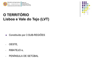 O TERRITÓRIO
Lisboa e Vale do Tejo (LVT)



    Constituído por 3 SUB-REGIÕES


 -   OESTE,

 -   RIBATEJO e,

 -   PENÍNSULA DE SETÚBAL
 