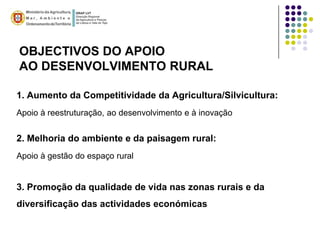 OBJECTIVOS DO APOIO
AO DESENVOLVIMENTO RURAL

1. Aumento da Competitividade da Agricultura/Silvicultura:
Apoio à reestruturação, ao desenvolvimento e à inovação


2. Melhoria do ambiente e da paisagem rural:
Apoio à gestão do espaço rural


3. Promoção da qualidade de vida nas zonas rurais e da
diversificação das actividades económicas
 