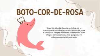 BOTO-COR-DE-ROSA
Segundo a lenda, durante as festas, ele se
transforma em um homem muito bonito, elegante
e simpático, sempre usando roupas brancas e um
chapéu para esconder o furo que possui na
cabeça, característica do boto.
 