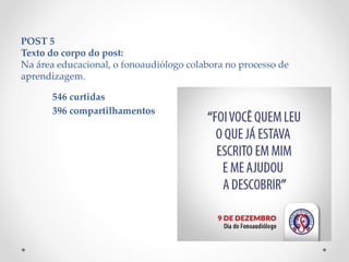 POST 5
Texto do corpo do post:
Na área educacional, o fonoaudiólogo colabora no processo de
aprendizagem.
546 curtidas
396 compartilhamentos
 