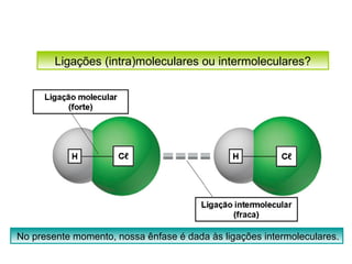 Ligações (intra)moleculares ou intermoleculares? 
No presente momento, nossa ênfase é dada às ligações intermoleculares. 
 