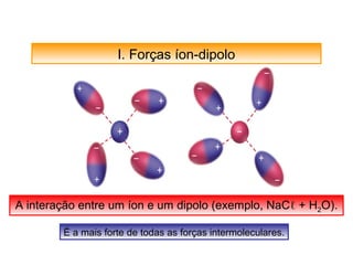 I. Forças íon-dipolo 
A interação entre um íon e um dipolo (exemplo, NaCℓ + H2O). 
É a mais forte de todas as forças intermoleculares. 
 