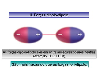 II. Forças dipolo-dipolo 
As forças dipolo-dipolo existem entre moléculas polares neutras 
(exemplo, HCℓ + HCℓ) 
São mais fracas do que as forças íon-dipolo. 
 