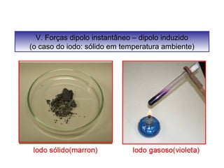 V. Forças dipolo instantâneo – dipolo induzido 
(o caso do iodo: sólido em temperatura ambiente) 
 