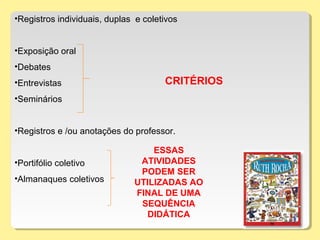 •Registros individuais, duplas e coletivos
•Exposição oral
•Debates
•Entrevistas
•Seminários
•Registros e /ou anotações do professor.
•Portifólio coletivo
•Almanaques coletivos
CRITÉRIOS
ESSAS
ATIVIDADES
PODEM SER
UTILIZADAS AO
FINAL DE UMA
SEQUÊNCIA
DIDÁTICA
 