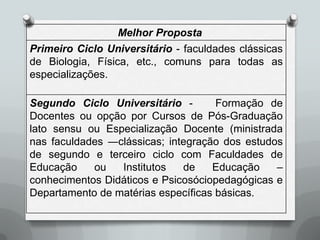 Melhor Proposta
Primeiro Ciclo Universitário - faculdades clássicas
de Biologia, Física, etc., comuns para todas as
especializações.

Segundo Ciclo Universitário -        Formação de
Docentes ou opção por Cursos de Pós-Graduação
lato sensu ou Especialização Docente (ministrada
nas faculdades ―clássicas; integração dos estudos
de segundo e terceiro ciclo com Faculdades de
Educação    ou   Institutos   de    Educação    –
conhecimentos Didáticos e Psicosóciopedagógicas e
Departamento de matérias específicas básicas.
 