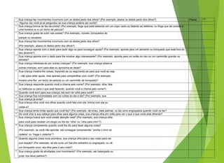 1
Sua criança faz movimentos incomuns com os dedos perto dos olhos? (Por exemplo, abana os dedos perto dos olhos?) Passa Falha
2
Alguma vez você já se perguntou se sua criança poderia ser surda?
3
Sua criança brinca de faz-de-conta? (Por exemplo, finge que está bebendo em um copo vazio ou falando ao telefone, ou finge que dá comida a
uma boneca ou a um bicho de pelúcia?
4
Sua criança gosta de subir nas coisas? (Por exemplo, móveis, brinquedos de
parque ou escadas)
5
Sua criança faz movimentos incomuns com os dedos perto dos olhos?
(Por exemplo, abana os dedos perto dos olhos?)
6
Sua criança aponta com o dedo para pedir algo ou para conseguir ajuda? (Por exemplo, aponta para um alimento ou brinquedo que está fora do
seu alcance?)
7
Sua criança aponta com o dedo para lhe mostrar algo interessante? (Por exemplo, aponta para um avião no céu ou um caminhão grande na
estrada?
8
Sua criança interessa-se por outras crianças? (Por exemplo, sua criança observa
outras crianças, sorri para elas ou aproxima-se delas?
9
Sua criança mostra-lhe coisas, trazendo-as ou segurando-as para que você as veja
– não para obter ajuda, mas apenas para compartilhar com você? (Por exemplo,
mostra uma flor, um bicho de pelúcia ou um caminhão de brinquedo?
10
Sua criança responde quando você a chama pelo nome? (Por exemplo, olha, fala
ou balbucia ou para o que está fazendo, quando você a chama pelo nome?)
11
Quando você sorri para sua criança, ela sorri de volta para você?
12
Sua criança fica incomodada com os ruídos do dia a dia? (Por exemplo, sua
13
Sua criança já anda?
14
Sua criança olha você nos olhos quando você fala com ela, brinca com ela ou
veste-a?
15
Sua criança tenta imitar aquilo que você faz? (Por exemplo, dá tchau, bate palmas ou faz sons engraçados quando você os faz?
16
Se você virar a sua cabeça para olhar para alguma coisa, sua criança olha em volta para ver o que é que você está olhando?
17
Sua criança busca que você preste atenção nela? (Por exemplo, sua criança olha
para você para receber um elogio ou lhe diz “olha” ou “olha para mim”?)
18
Sua criança compreende quando você lhe diz para fazer alguma coisa?
(Por exemplo, se você não apontar, ela consegue compreender “ponha o livro na
cadeira” ou “traga o cobertor”?
19
Quando alguma coisa nova acontece, sua criança olha para o seu rosto para ver
sua reação? (Por exemplo, se ela ouve um barulho estranho ou engraçado, ou vê
um brinquedo novo, ela olha para o seu rosto?
20
Sua criança gosta de atividades com movimento? (Por exemplo, ser balançada ou
pular nos seus joelhos?)
 