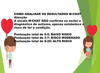COMO ANALISAR OS RESULTADOS M-CHAT
Atenção
A escala M-CHAT NÃO confirma ou exclui o
diagnóstico de autismo, apenas estabelece o
risco de ter a condição.
Pontuação total de 0-2: BAIXO RISCO
Pontuação total de 3-7: RISCO MODERADO
Pontuação total de 8-20: ALTO RISCO
 