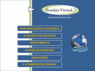 www.frankiavirtual.com



APRESENTAÇÃO E HISTÓRICO

  CONCEITO DO NEGÓCIO

      INVESTIMENTO

   ETAPAS DE INGRESSO

       VANTAGENS

 E-COMMERCE NO BRASIL
 