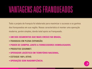 VANTAGENSAOSFRANQUEADOS
Todo o projeto de franquia foi elaborado para maximizar o sucesso e os ganhos
dos franqueados em sua região. Nossa característica é manter uma operação
moderna, porém simples, dando total apoio ao franqueado.
• UM DOS SEGMENTOS QUE MAIS CRESCE NO BRASIL.
• FRANQUIA EM PLENA EXPANSÃO.
• PODER DE COMPRA JUNTO A FORNECEDORES HOMOLOGADOS.
• PRODUTOS GOURMET.
• OPERADOR LOGÍSTICO EM TERRITÓRIO NACIONAL.
• ESTOQUE 100% ATIVO.
• OPERAÇÃO SEM INADIMPLÊNCIA.
 