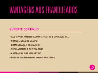 VANTAGENSAOSFRANQUEADOS
SUPORTE CONTÍNUO
• ACOMPANHAMENTO ADMINISTRATIVO E OPERACIONAL.
• CONSULTORIA DE CAMPO.
• COMUNICAÇÃO COM A REDE.
• TREINAMENTO E RECICLAGENS.
• CAMPANHAS DE MARKETING.
• DESENVOLVIMENTO DE NOVOS PRODUTOS.
 