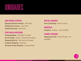 UNIDADES
RIO DE JANEIRO
Praia de Botafogo - Rio de Janeiro
BRASÍLIA
Aeroporto - Brasília - em junho/2013
CAMPO GRANDE
Shopping dos Ipês - Campo Grande - em
abril/2013
SÃO PAULO CAPITAL
Shopping Bourbon Pompeia - São Paulo
Shopping Frei Caneca - São Paulo
Conjunto Nacional - São Paulo
SÃO PAULO INTERIOR
Prudenshopping - Presidente Prudente
Rua Dr. Gurgel - Centro - Presidente Prudente
Shopping Vale Sul - São José dos Campos
Campinas Shopping - Campinas
Serramar Parque Shopping - Caraguatatuba
 