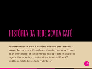 HISTÓRIADAREDESCADACAFÉ
Alinhar trabalho com prazer é o caminho mais curto para a satisfação
pessoal. Por isso, esta história saborosa e lucrativa originou-se do sonho
de um empreendedor em transformar sua paixão por café em seu próprio
negócio. Nasceu, então, a primeira unidade da rede SCADA CAFÉ
em 2004, na cidade de Presidente Prudente - SP.
 
