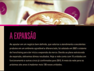 A EXPANSÃO
Ao apostar em um negócio bem definido, que valoriza o atendimento e excelentes
produtos em um ambiente agradável e diferenciado, foi adotado em 2007 o sistema
de franchising para dar início a expansão da marca. Devido ao plano estruturado
de expansão, obtivemos ótimos resultados. Hoje a rede conta com 15 unidades em
funcionamento e outras cinco já confirmadas para 2013. A meta da rede para os
próximos oito anos é implantar mais 130 novas unidades.
 