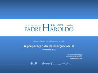 Amar e Servir para Promover a Vida
A preparação da Reinserção Social
Free Mind 2013
Cesar Rosolen Jorge
Gestor Técnico do Programa
Despertar para a Vida
 