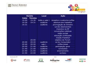 Apresenta
São Paulo 2014
Horário Local Ação
Início Término
19:00 19:30 lobby e sala 1 receptivo e welcome-coffee
19:30 19:31 auditório abertura dos trabalhos
19:31 auditório prorrogação do Inmetro
Lei dos desmanches
impostos na NF
convenções coletivas
redes sociais
educação continuada
missão Frankfurt
20:00 objetivo do Forum
20:00 20:40 auditório Lei do Consumidor
20:40 20:50 sala 1 coffee-break
20:50 21:40 auditório participação geral
21:40 21:50 auditório conclusões
21:50 21:55 auditório encerramento
21:55 22:00 auditório sorteios
 