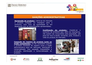 SANÇÕES ADMINISTRATIVAS
Apreensão do produto:- retira-se do mercado
o produto irregular ou impróprio para o
consumo, com vício de quantidade ou em
desacordo com as especificações apresentadas;
Inutilização do produto:- impede-se o
consumo de produtos que, além de impróprios,
não podem ser consumidos pela população, sob
pena de risco à saúde, tornando, pois, inviável a
volta do produto ao mercado;
Cassação do registro do produto junto ao
órgão competente:- se faz necessário quando
o produto necessita de registro junto a órgão
administrativo para ser fabricado, distribuído e
comercializado. Sua cassação impossibilita a
produção, distribuição e comercialização do
produto;
 