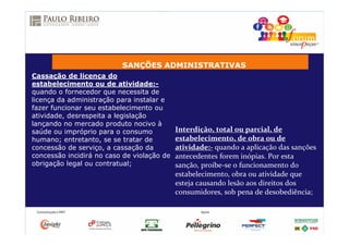 SANÇÕES ADMINISTRATIVAS
Cassação de licença do
estabelecimento ou de atividade:-
quando o fornecedor que necessita de
licença da administração para instalar e
fazer funcionar seu estabelecimento ou
atividade, desrespeita a legislação
lançando no mercado produto nocivo à
saúde ou impróprio para o consumo
humano; entretanto, se se tratar de
concessão de serviço, a cassação da
concessão incidirá no caso de violação de
obrigação legal ou contratual;
Interdição, total ou parcial, de
estabelecimento, de obra ou de
atividade:- quando a aplicação das sanções
antecedentes forem inópias. Por esta
sanção, proíbe-se o funcionamento do
estabelecimento, obra ou atividade que
esteja causando lesão aos direitos dos
consumidores, sob pena de desobediência;
 
