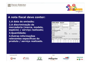 A nota fiscal deve conter:
1.A data de emissão;
2.A discriminação da
mercadoria (marca, modelo,
espécie) / serviço realizado;
3.Quantidade;
4.Outras informações
relevantes específicas do
produto / serviço realizado.
 